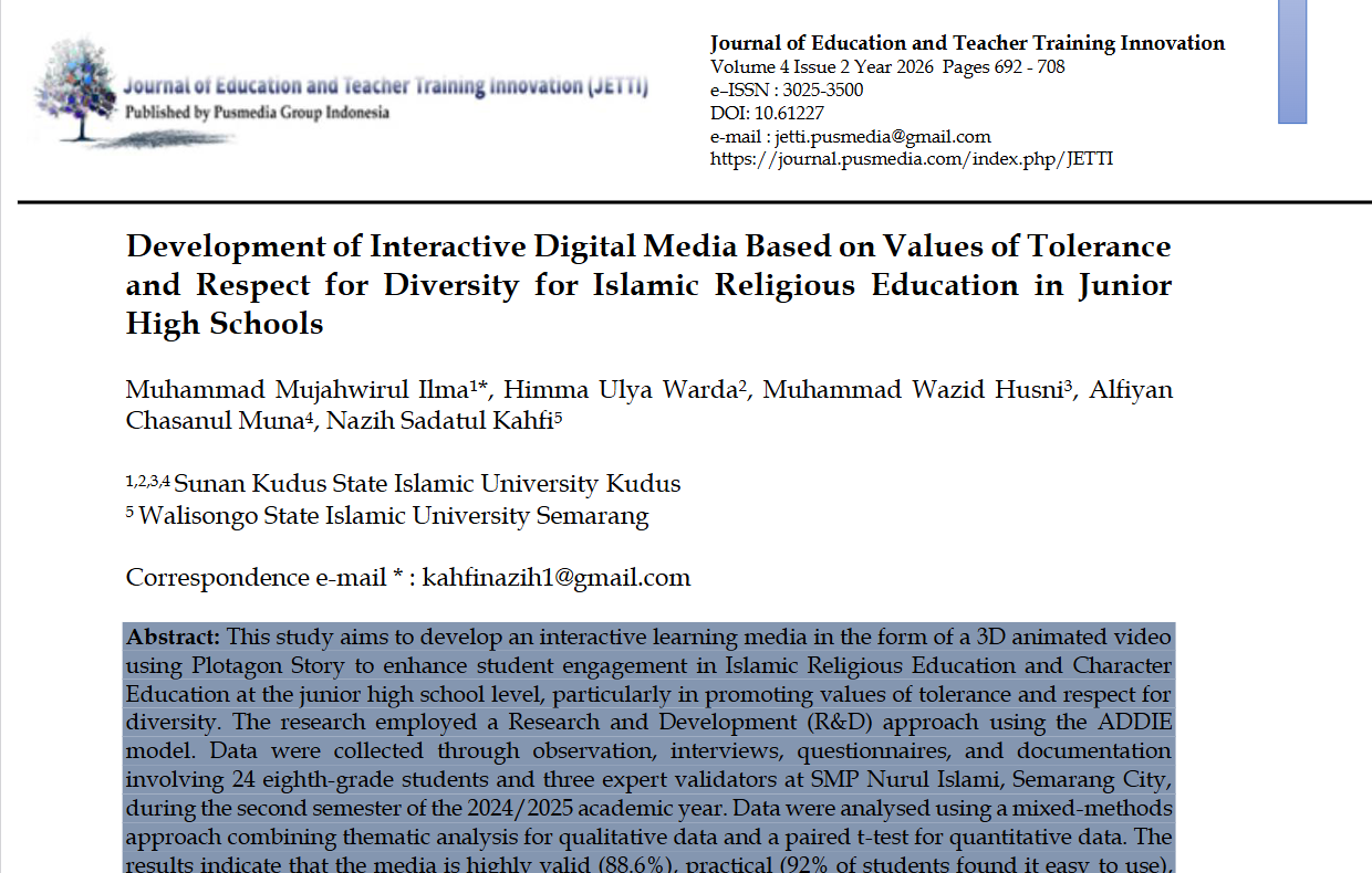 Development of Interactive Digital Media Based on Values of Tolerance and Respect for Diversity for Islamic Religious Education in Junior High Schools