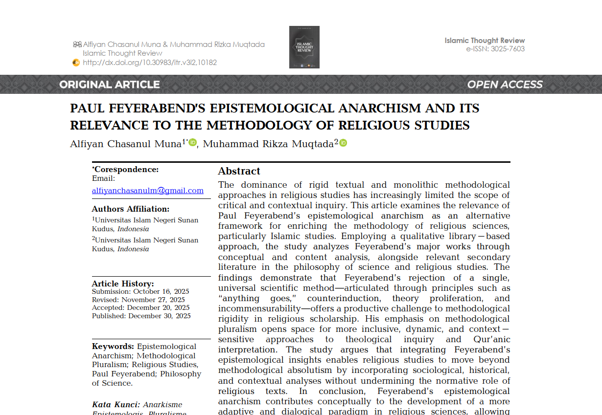 Paul Feyerabend’s Epistemological Anarchism and Its Relevance to The Methodology of Religious Studies